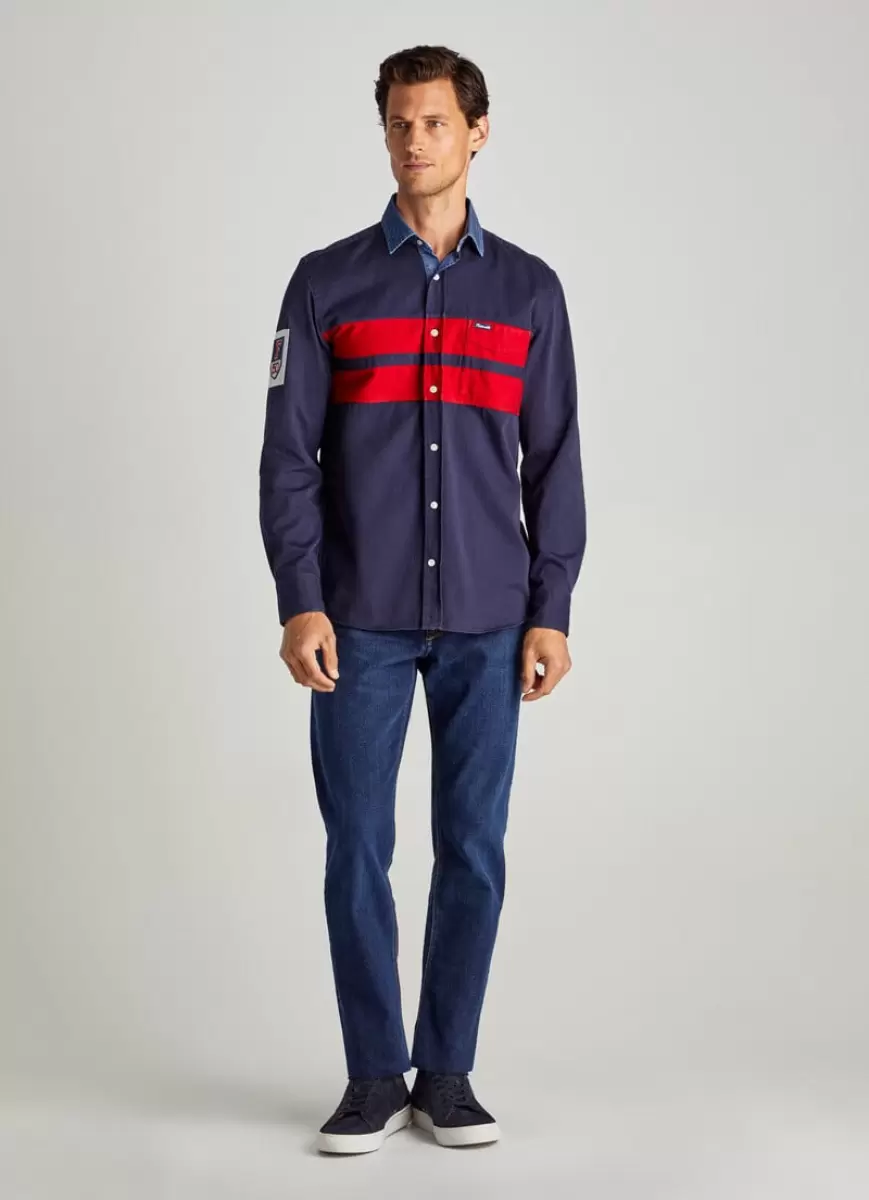 Hombre Camisas Icónicas Faconnable Navy/Red Camisa Rugby Gabardina - 1