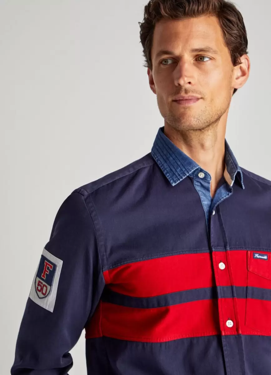 Hombre Camisas Icónicas Faconnable Navy/Red Camisa Rugby Gabardina - 4