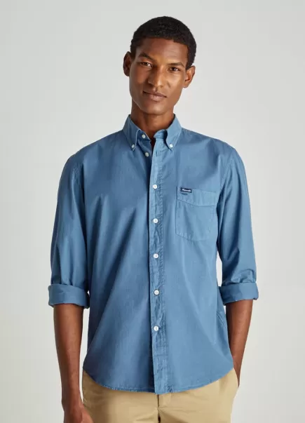 Hombre Camisas Faconnable Weller Blue Camisa Sarga Teñido Prenda